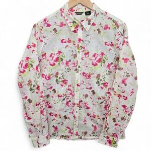 Eddie Bauer Top Womens Medium White Floral Print Button Up Sheer Blouse